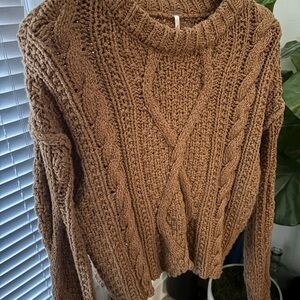 Free People Cable Knit Sweater in Rich Brown